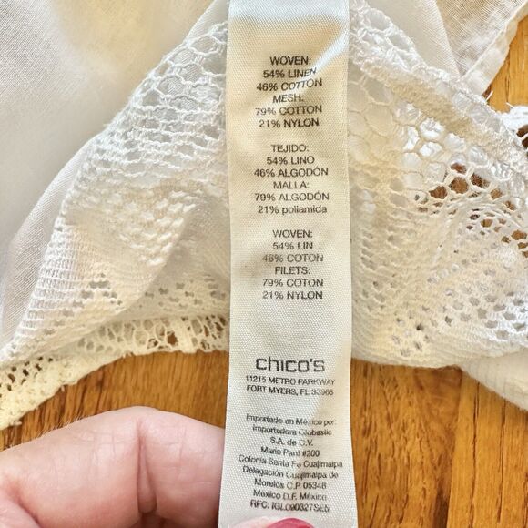 Chicos | Linen Crochet Back Button Shirt Roll Tab Sleeves Top Size 1 -‎ Med - 44 - Picture 13 of 15